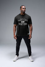 Front View of Black TLF Property of Cotton Luxe Oversized Tee featuring a distressed graphic print design across the chest in our oversized t shirt fit