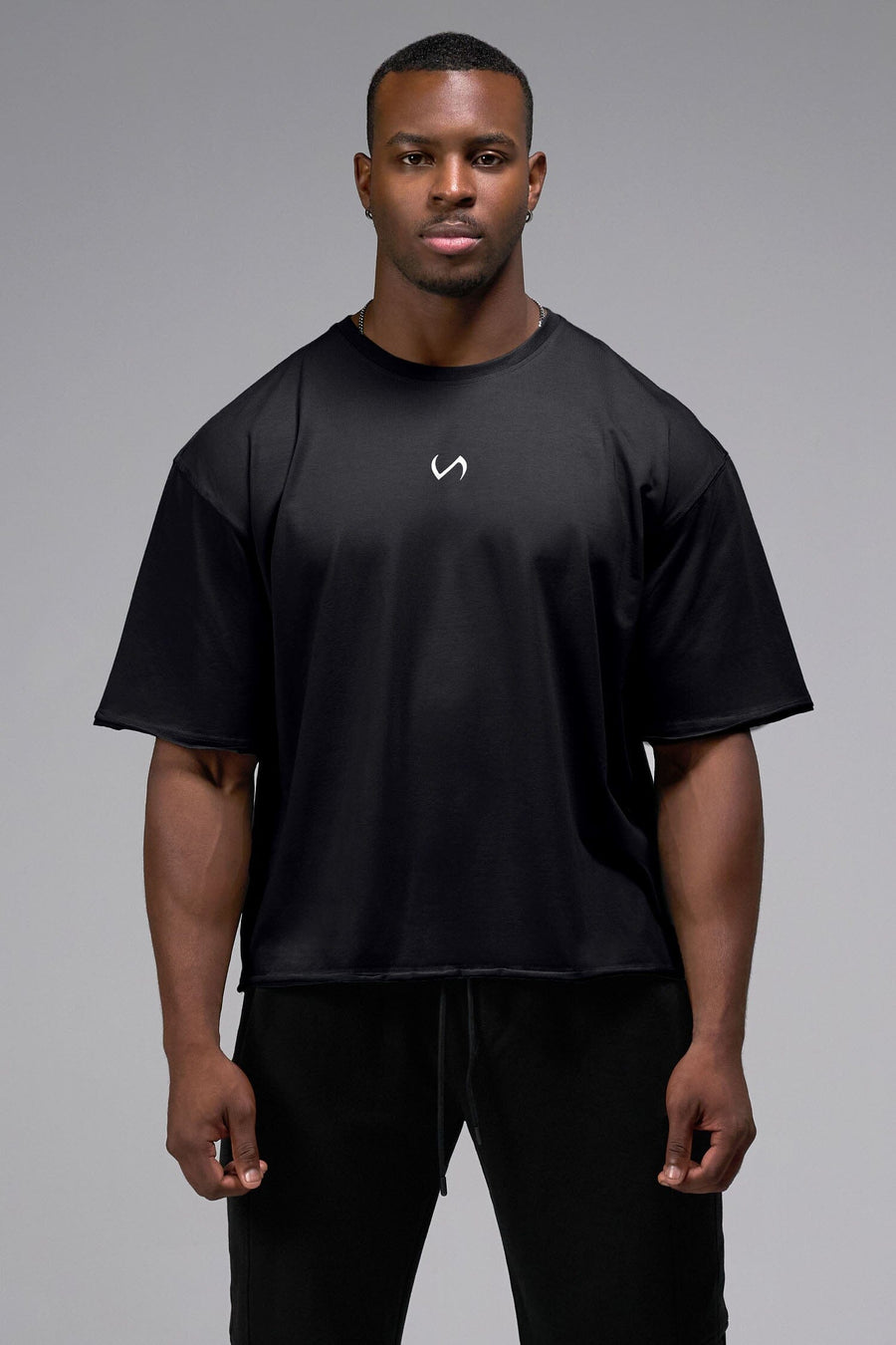 Front View Of Raw Edge Cropped Tee in Black