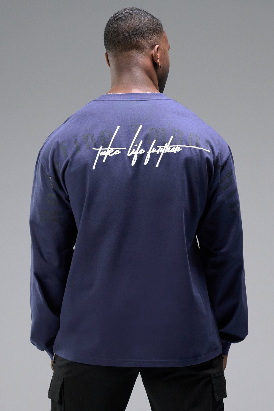 Back View Of Midnight Blue R.I. Oversized Heavy Weight Long Sleeve, durable and versatile for gym or street wear