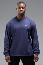 Front View Of Midnight Blue R.I. Oversized Heavy Weight Long Sleeve, durable and versatile for gym or street wear