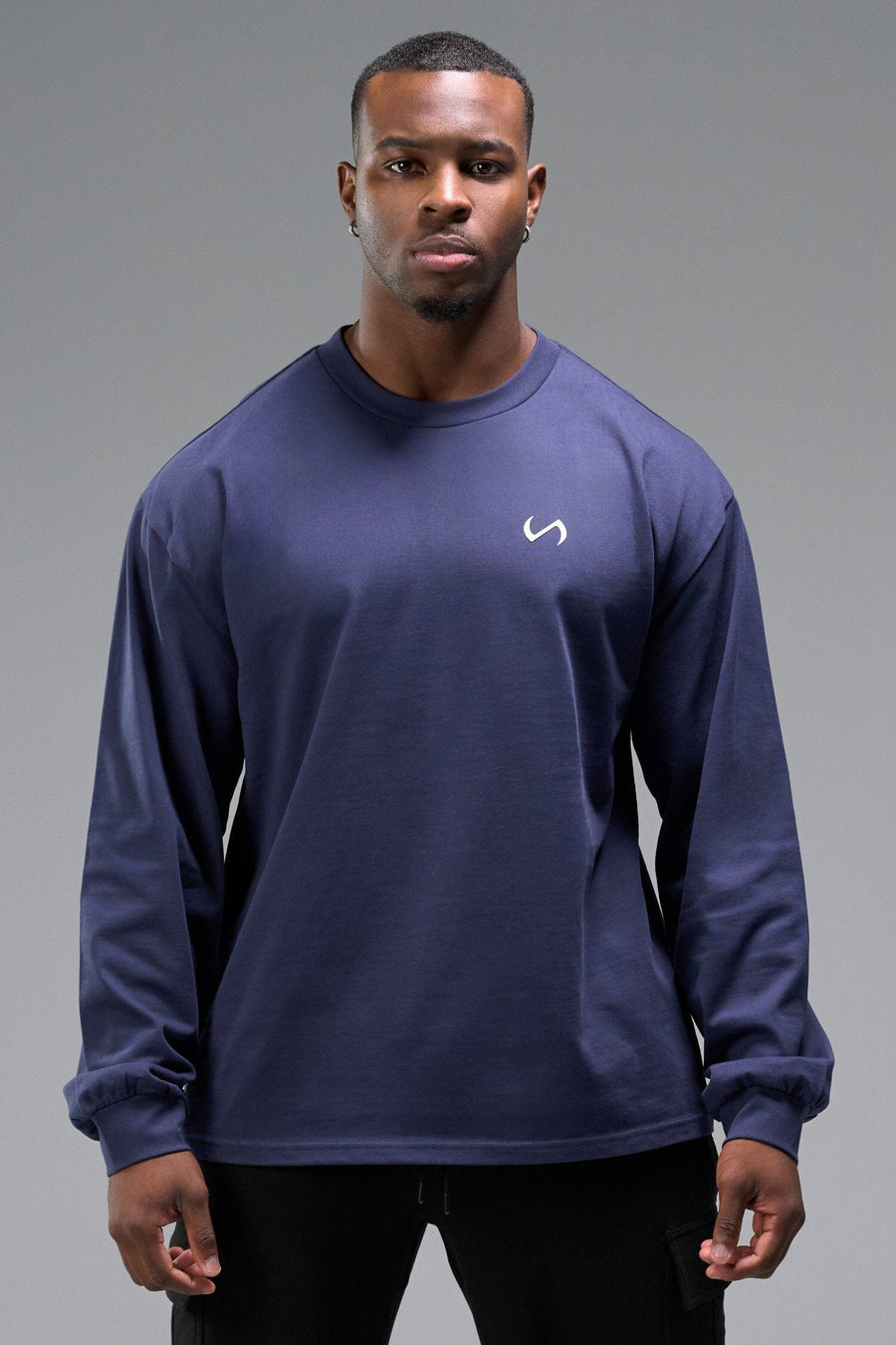 Front View Of Midnight Blue R.I. Oversized Heavy Weight Long Sleeve, durable and versatile for gym or street wear