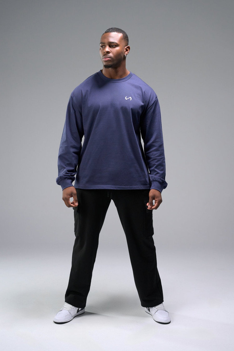 Front View Of Midnight Blue R.I. Oversized Heavy Weight Long Sleeve, durable and versatile for gym or street wear