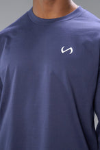 Detail Front View Of Midnight Blue R.I. Oversized Heavy Weight Long Sleeve, durable and versatile for gym or street wear