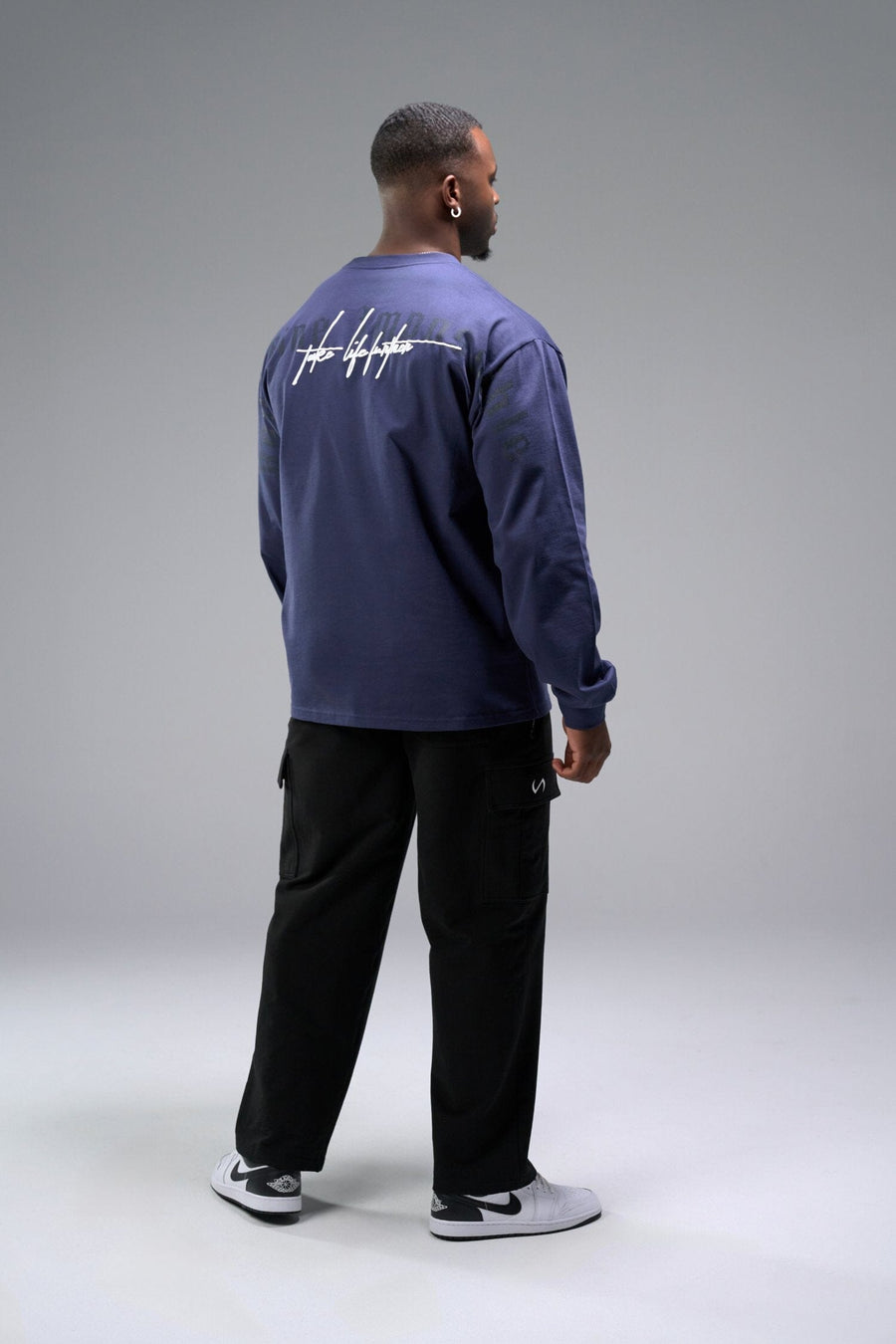 Back View Of Midnight Blue R.I. Oversized Heavy Weight Long Sleeve, durable and versatile for gym or street wear
