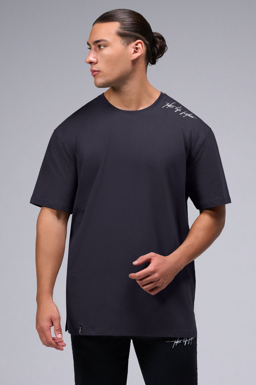 Front View Of Script Cotton Luxe Oversized Tee in Black