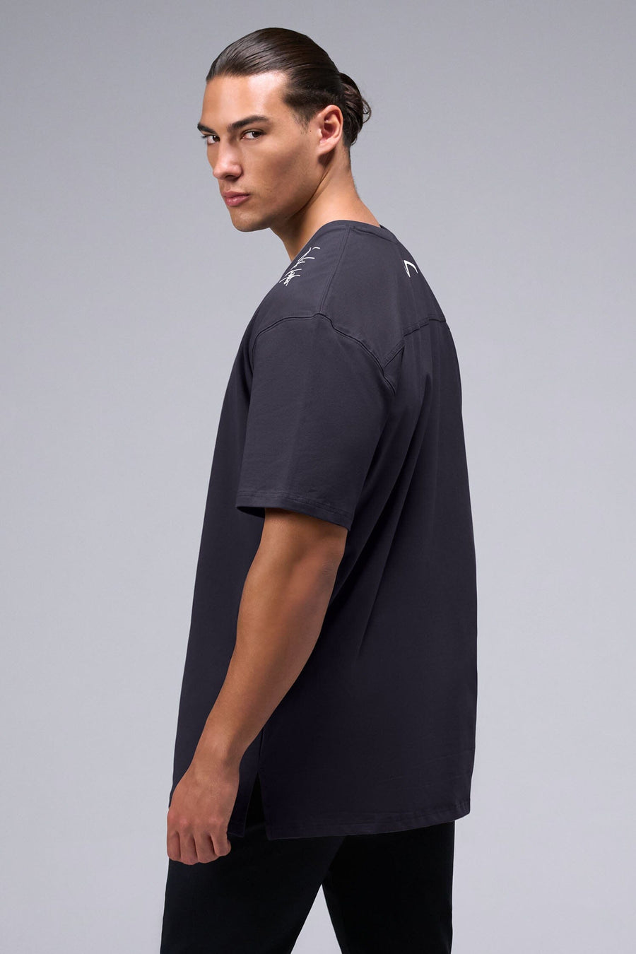 Side View Of Script Cotton Luxe Oversized Tee in Black