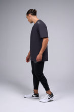 Side View Of Script Cotton Luxe Oversized Tee in Black