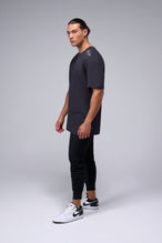 Side View Of Script Cotton Luxe Oversized Tee in Black