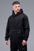Front View of Black TLF Scuba Tech Contrast Stitch Hoodie, featuring 3 panel hood, Kangaroo pockets and contrast stitching for streetwear aesthetic 