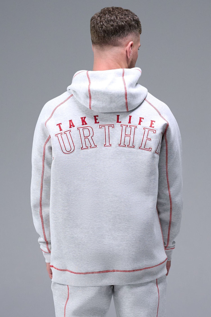 Back View of Gray TLF Scuba Tech Contrast Stitch Hoodie, featuring 3 panel hood, Kangaroo pockets and contrast stitching for streetwear aesthetic 