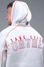 Detail Back View of Gray TLF Scuba Tech Contrast Stitch Hoodie, featuring 3 panel hood, Kangaroo pockets and contrast stitching for streetwear aesthetic 