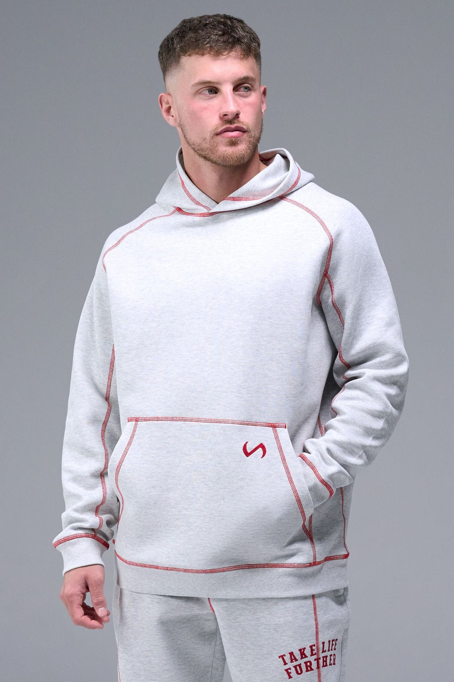 Front View of Gray TLF Scuba Tech Contrast Stitch Hoodie, featuring 3 panel hood, Kangaroo pockets and contrast stitching for streetwear aesthetic 