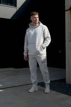 Front View of Gray TLF Scuba Tech Contrast Stitch Hoodie, featuring 3 panel hood, Kangaroo pockets and contrast stitching for streetwear aesthetic 
