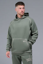 Front View of Green TLF Scuba Tech Contrast Stitch Hoodie, featuring 3 panel hood, Kangaroo pockets and contrast stitching for streetwear aesthetic 