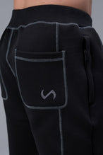 Detail Back View of Black TLF Scuba Tech Contrast Stitch Joggers, featuring side zipper pockets and contrast stitching for streetwear aesthetic 