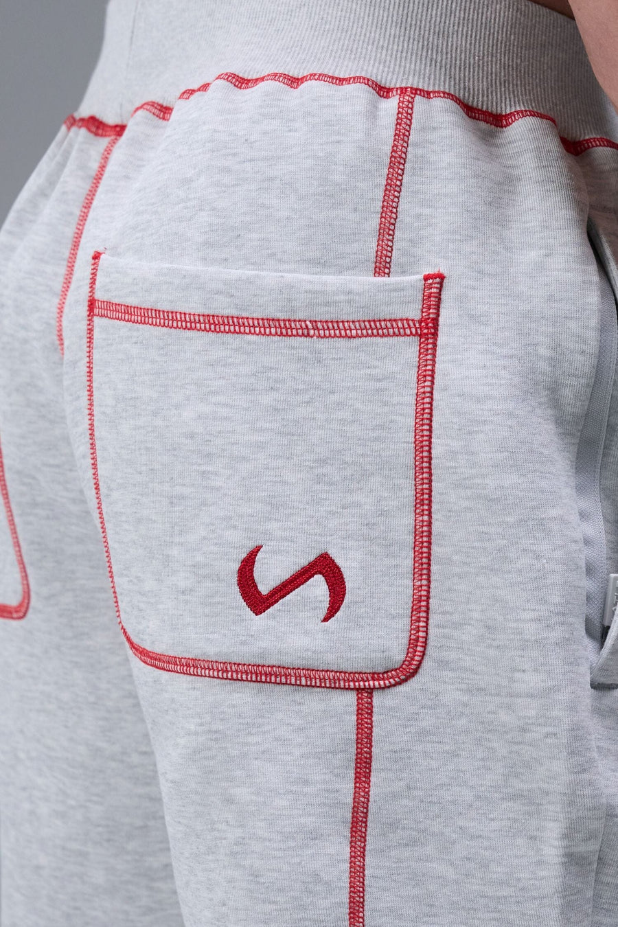 Back View of Gray TLF Scuba Tech Contrast Stitch Joggers, featuring side zipper pockets and contrast stitching for streetwear aesthetic 