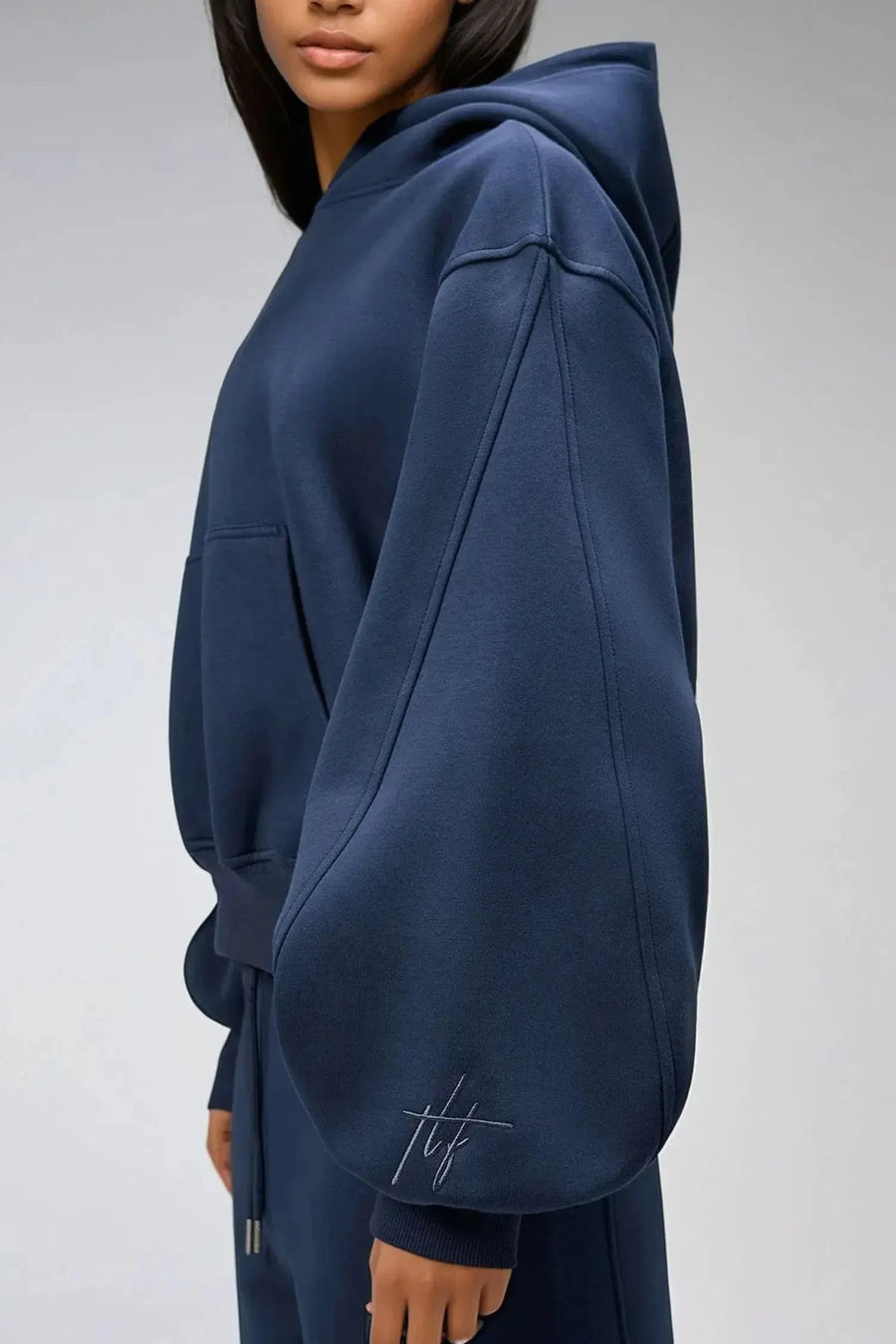 TLF Scuba Tech™ Oversized Cropped Hoodie  – Featuring TLF Model Wearing Women’s Oversized Pullover Blue Hoodie 