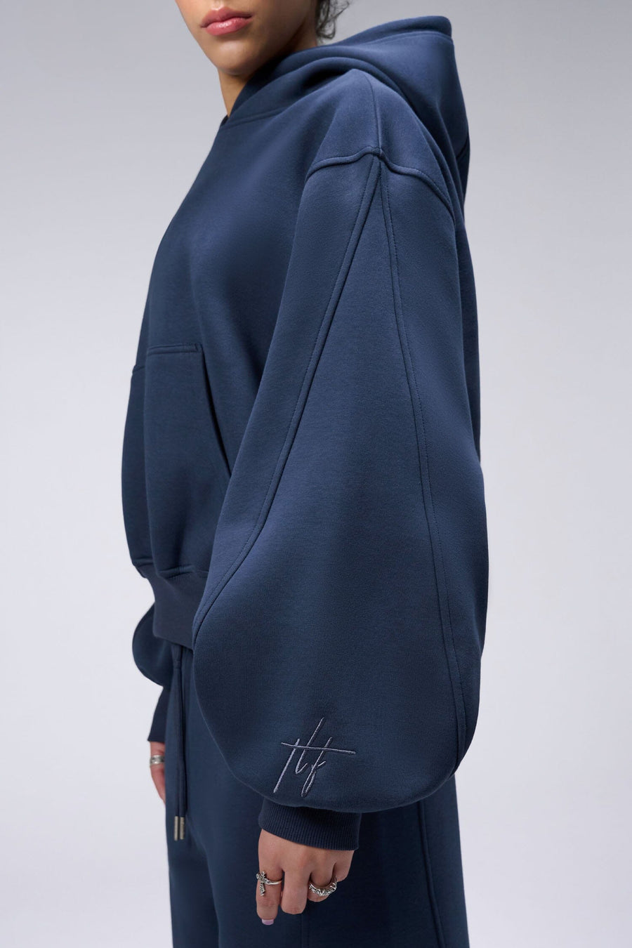 Side View Women's Of Scuba Tech Oversized Cropped Hoodie in Blue Nights