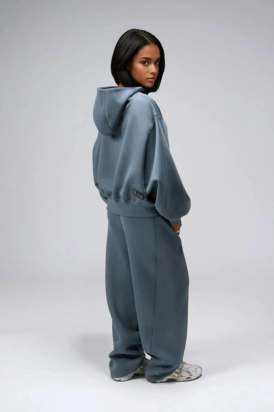 TLF Scuba Tech™ Oversized Cropped Hoodie  – Featuring TLF Model Wearing Women’s Oversized Pullover Blue Hoodie 