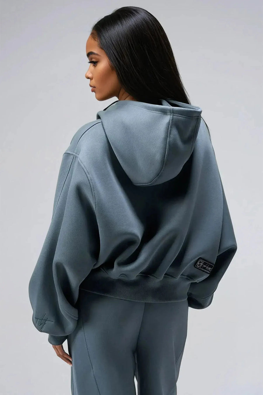 TLF Scuba Tech™ Oversized Cropped Hoodie  – Featuring TLF Model Wearing Women’s Oversized Pullover Blue Hoodie 