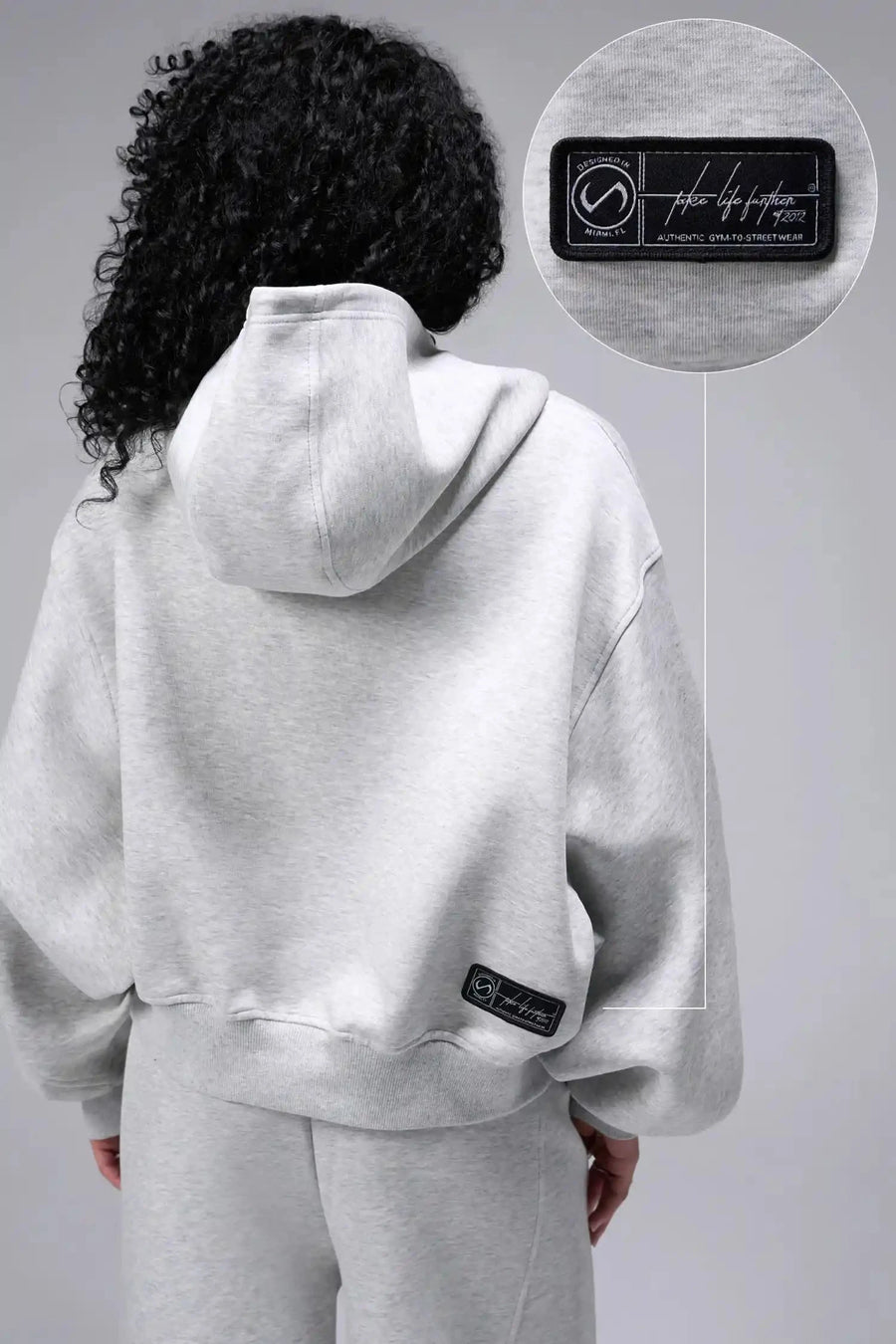 TLF Scuba Tech™ Oversized Cropped Hoodie  – Featuring TLF Model Wearing Women’s Oversized Pullover Gray Hoodie 