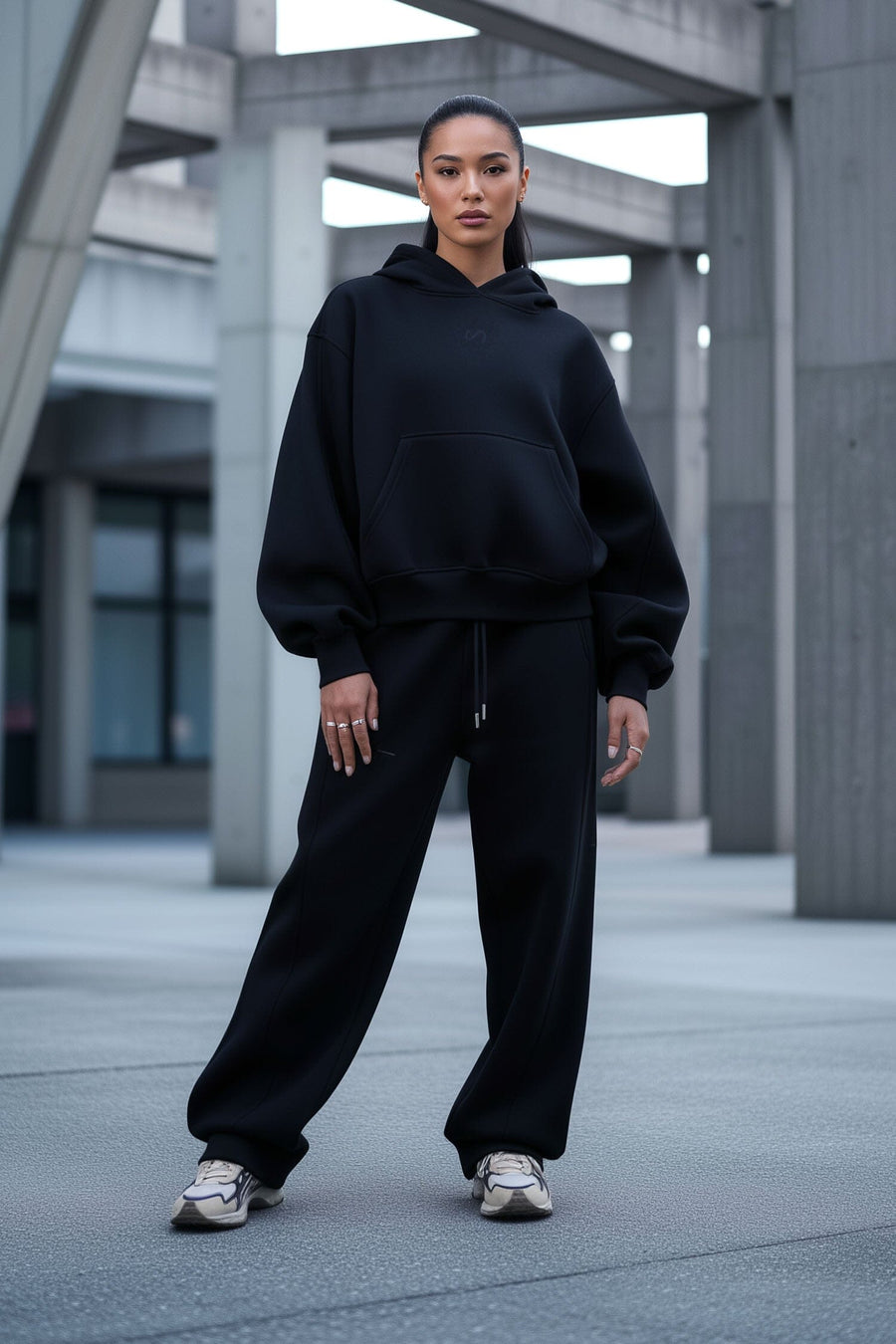 TLF Scuba Tech™ Oversized Cropped Hoodie  – Featuring TLF Model Wearing Women’s Oversized Pullover Black Hoodie 