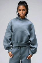 TLF Scuba Tech™ Oversized Cropped Hoodie  – Featuring TLF Model Wearing Women’s Oversized Pullover Blue Hoodie 
