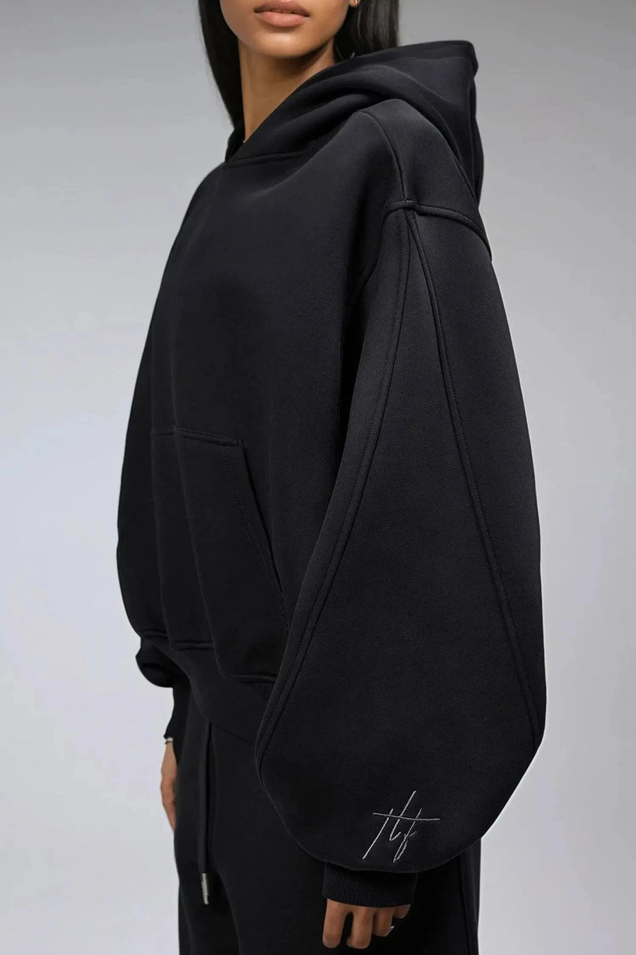 TLF Scuba Tech™ Oversized Cropped Hoodie  – Featuring TLF Model Wearing Women’s Oversized Pullover Black Hoodie 