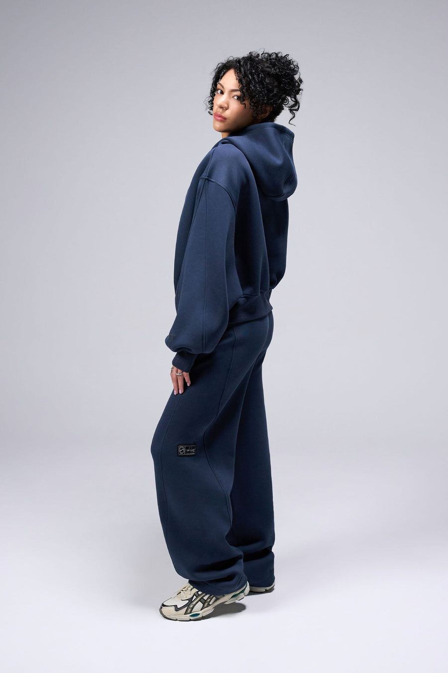 Side View Women's Of Scuba Tech Oversized Cropped Hoodie in Blue Nights