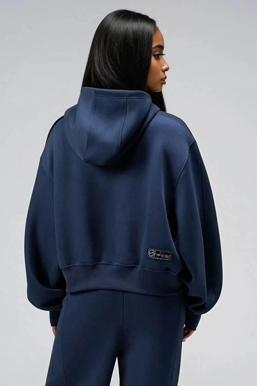 TLF Scuba Tech™ Oversized Cropped Hoodie  – Featuring TLF Model Wearing Women’s Oversized Pullover Blue Hoodie 