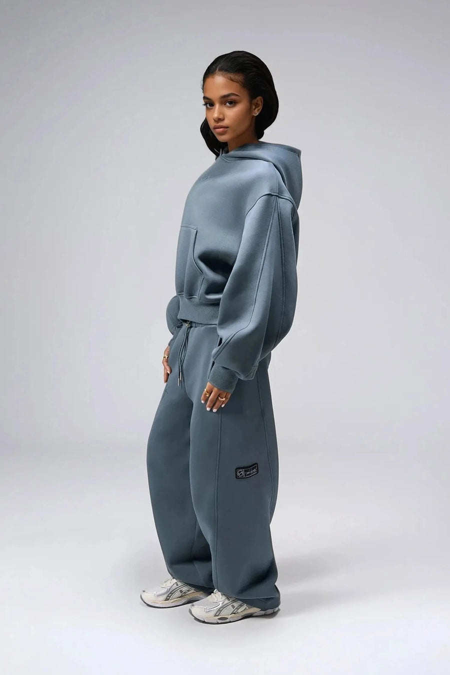 TLF Scuba Tech™ Oversized Cropped Hoodie  – Featuring TLF Model Wearing Women’s Oversized Pullover Blue Hoodie 