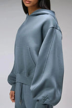 TLF Scuba Tech™ Oversized Cropped Hoodie  – Featuring TLF Model Wearing Women’s Oversized Pullover Blue Hoodie 