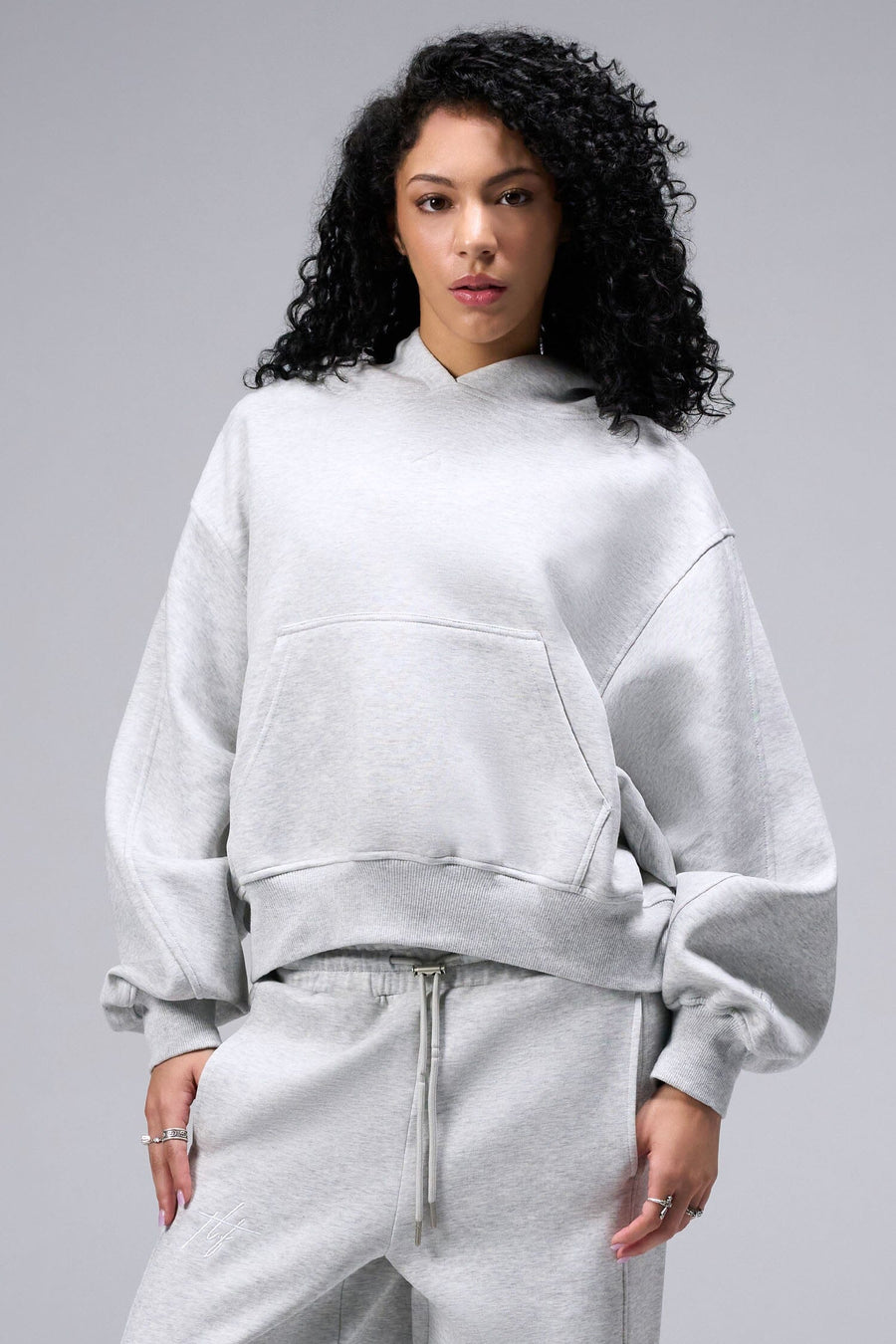 Front View Of Women's Scuba Tech Oversized Cropped Hoodie in Light Heather Gray