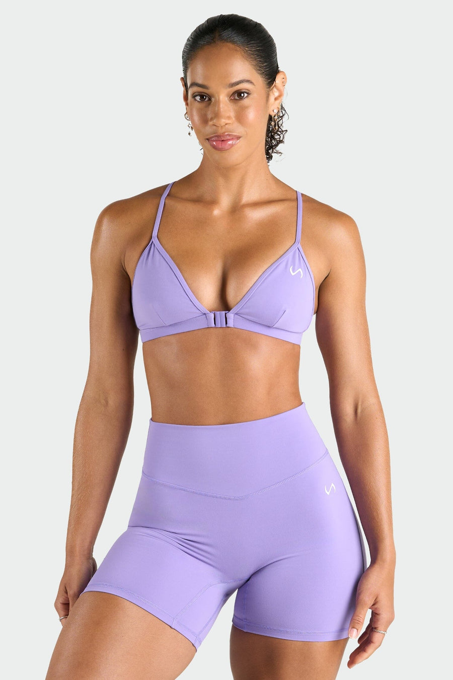 Front View of Dahlia Purple Tempo 6 Inch Workout Shorts