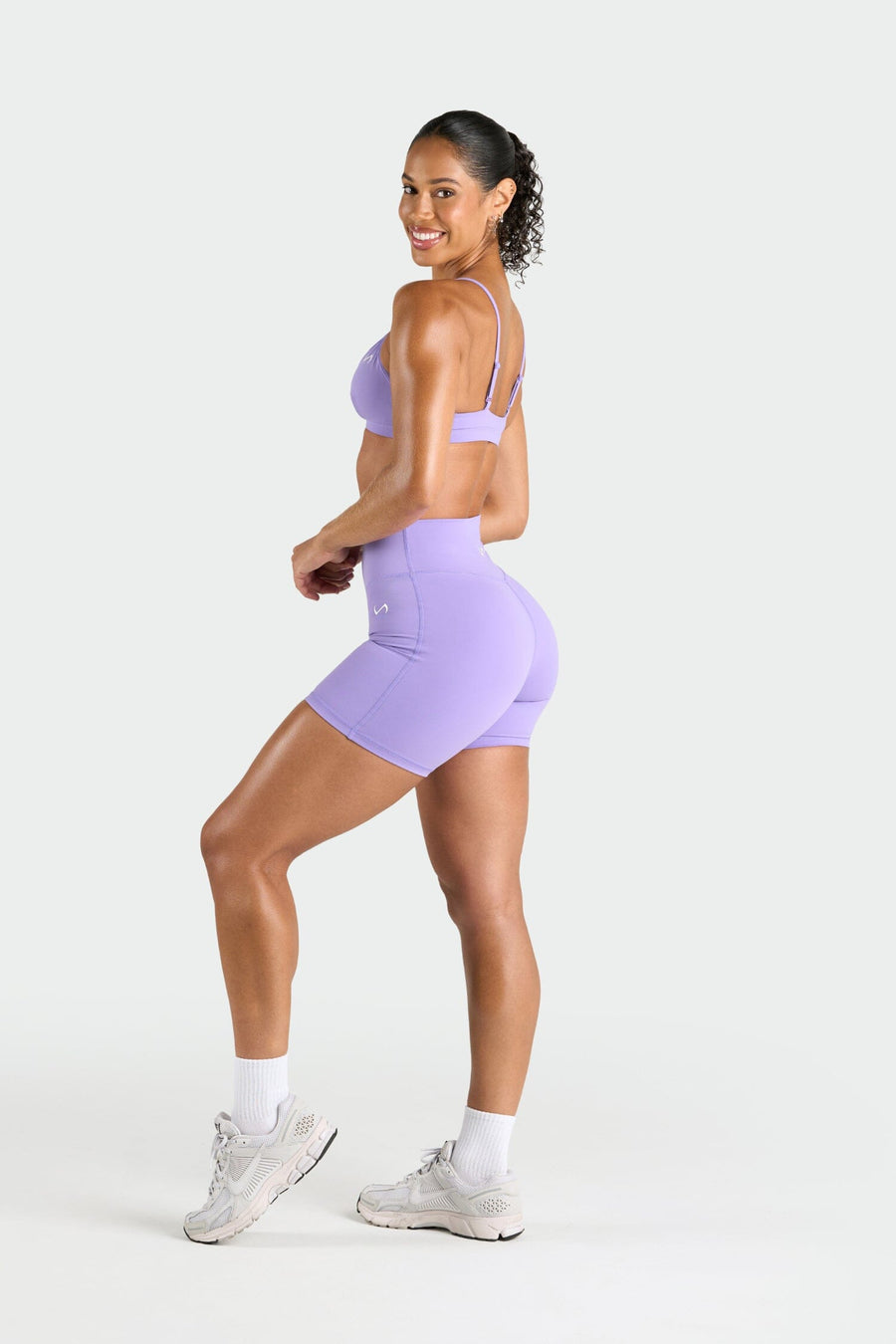 Back View of Dahlia Purple Tempo 6 Inch Workout Shorts