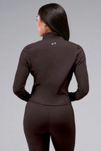 Back View of Brown TLF Tempo Cropped Zip Up Jacket featuring thumbholes and cropped length for gym and lifestyle wear 