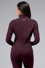 Back Front View of Wine TLF Tempo Cropped Zip Up Jacket featuring thumbholes and cropped length for gym and lifestyle wear 