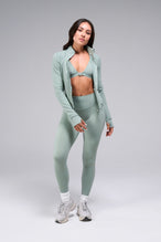 Front View Of Women's Tempo Cropped Zip Up Jacket in Sage Green