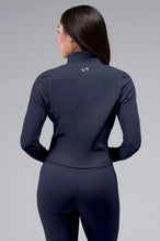 Back Front View of Blue TLF Tempo Cropped Zip Up Jacket featuring thumbholes and cropped length for gym and lifestyle wear 