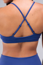 Zoomed Back View of Oxford Blue TLF Tempo Front Clasp Sports Bra 2.0 with a strappy back and front closure, designed for style and support 