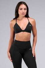 Front View of Black TLF Tempo Front Clasp Sports Bra 2.0 with a strappy back and front closure, designed for style and support 