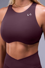 Front View of Wine TLF Tempo High Neck Sports Bra, featuring a high neckline for high impact support during workouts, cardio and all day wear 