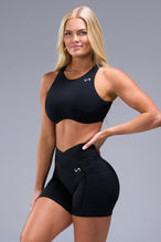 Front View of Black TLF Tempo High Neck Sports Bra, featuring a high neckline for high impact support during workouts, cardio and all day wear 