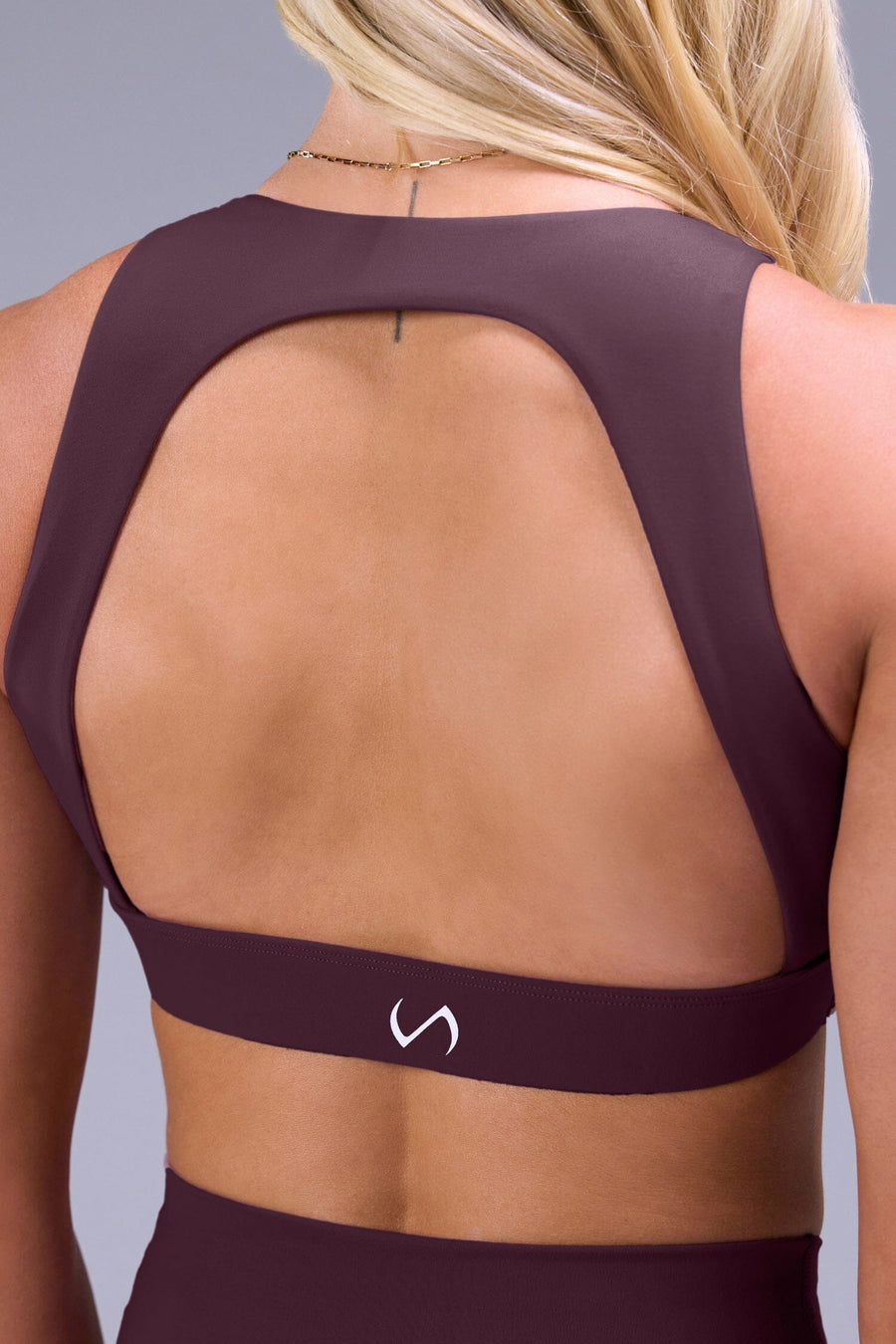 Front View of Wine TLF Tempo High Neck Sports Bra, featuring a high neckline for high impact support during workouts, cardio and all day wear 
