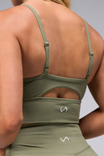 Detail Back View Of Tempo Multi-Back Strap Sports Bra in Vineyard Green