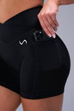 Detail Side View of Black TLF Tempo Side Pocket Shorts, featuring dual side pockets and a 5’5’ Inch Inseam for performance and functionality 