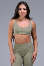 Front View of Brown TLF Tempo Strappy Back Sports Bra, featuring a minimal design for the gym and lifestyle wear 