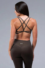 Back View of Brown TLF Tempo Strappy Back Sports Bra, featuring a minimal design for the gym and lifestyle wear 