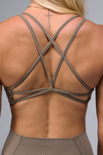 Back View of Brown TLF Tempo Strappy Back Sports Bra, featuring a minimal design for the gym and lifestyle wear 