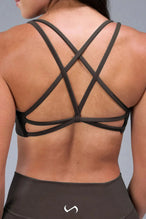 Back View of Brown TLF Tempo Strappy Back Sports Bra, featuring a minimal design for the gym and lifestyle wear 